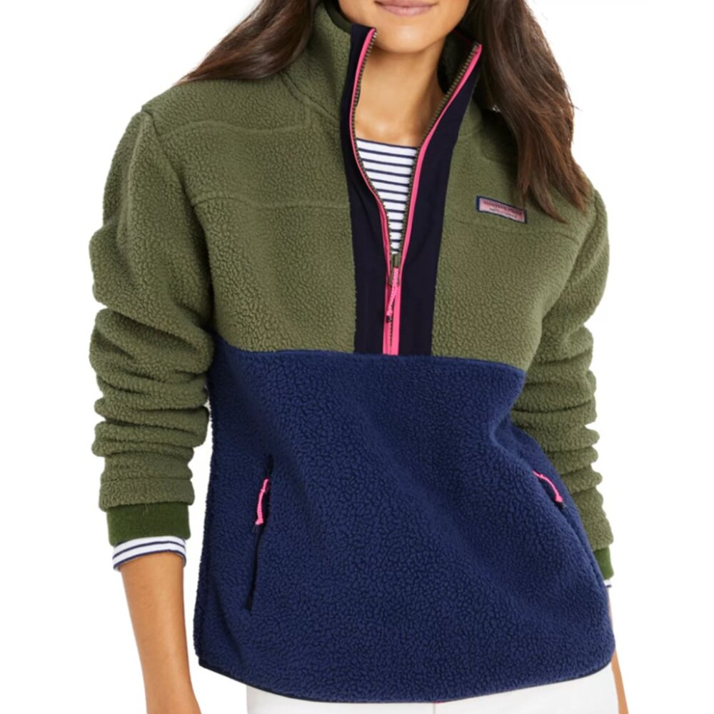 Vineyard Vines Colorblock SuperShep Sherpa 1/2 Zip Fleece Pullover Green Blue XL